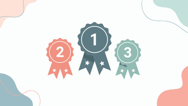 Achievement ribbons for first second and third place winners are displayed on a white background with abstract shapes.