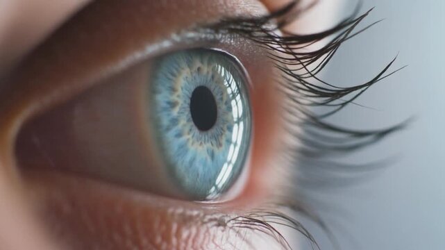 Close-up of blue eye with long eyelashes on human face in studio
