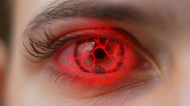 Close-up of a person's eye with a bright red glowing iris in a dark setting