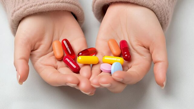 Hands holding assorted colorful pills and capsules on a clean background, representing medication use, healthcare treatment, and daily vitamin or supplement intake