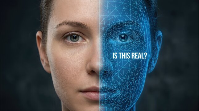 Female face split into two halves, one side realistic and the other side digital representation, showcasing deepfake technology and questioning reality perception