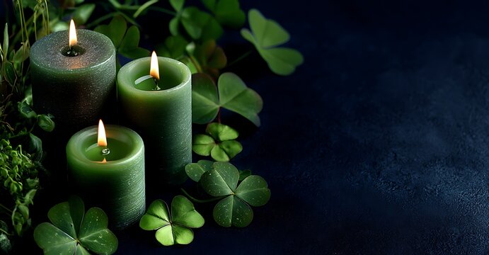 Three green candles burn brightly amidst lush clover and dark foliage