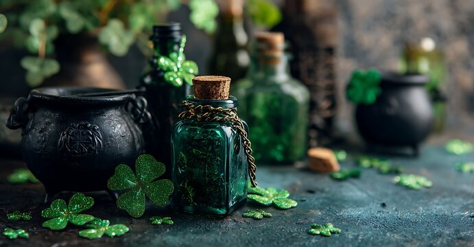 A dark and moody still life featuring potion bottles a cauldron and clovers