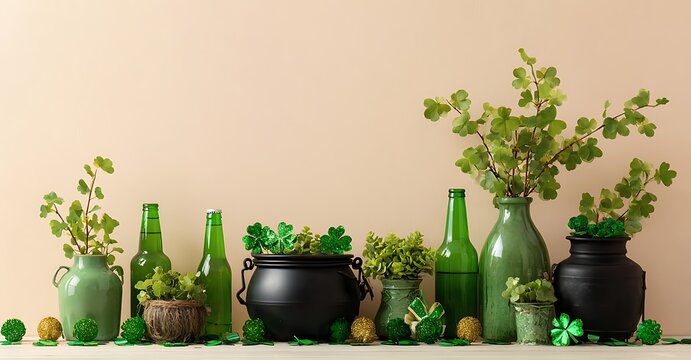 Green glass bottles and lush foliage arranged on a neutral surface