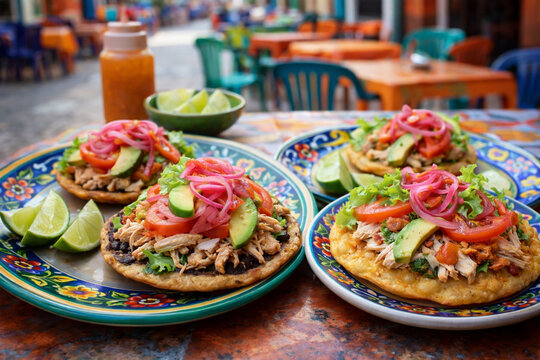 Mexican Salbutes and Panuchos with Chicken, Avocado, Tomato and Pickled Onion, Traditional Yucatan Street Food