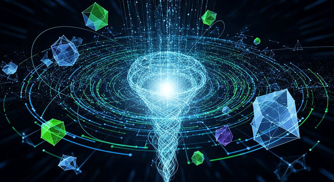 Abstract digital vortex of glowing particles and geometric shapes representing data flow and connectivity