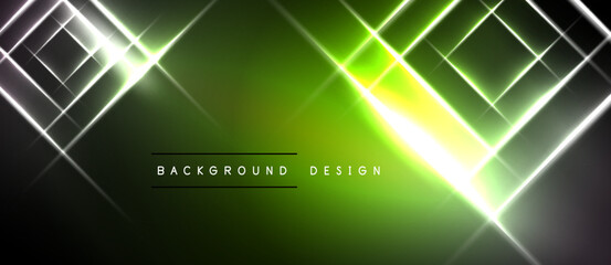 Naklejka premium Abstract neon lines create dynamic green, white glow. Central bright light draws attention. Modern design element for backgrounds.