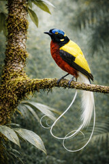 Fototapeta premium Bird of paradise perched on branch with long white tail plumes