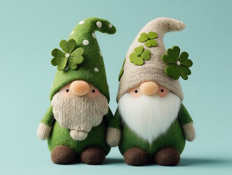 Two adorable gnomes with clover hats pose against a teal background