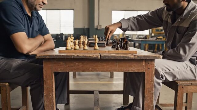 Playing Chess On Wooden Table
