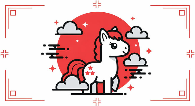 赤い円の背景にかわいい白い漫画のポニーが浮かぶ