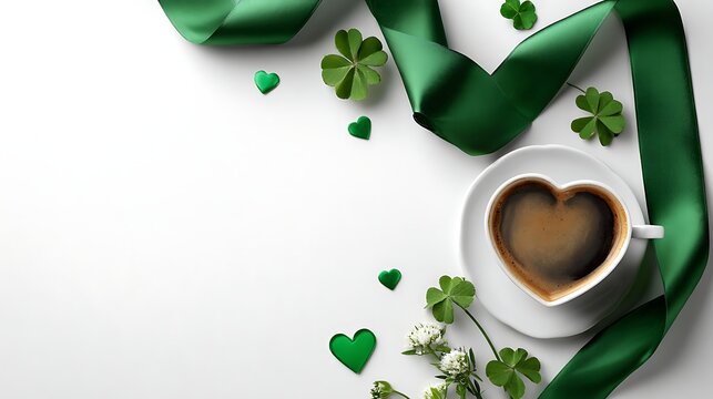 A cup of coffee shaped like a heart with shamrocks and green ribbon