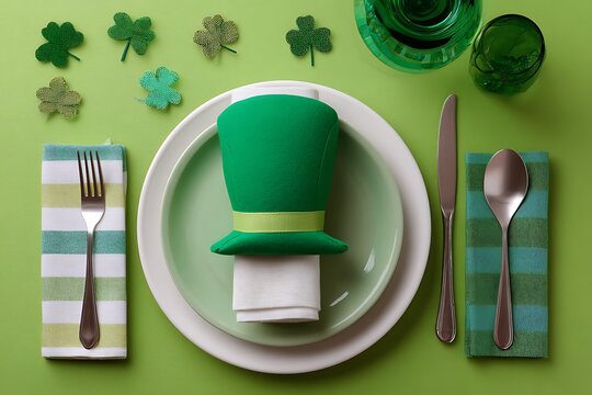 St patrick s day table setting with hat clovers and silverware