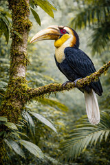 Fototapeta premium Wreathed hornbill perched on moss-covered tropical branch