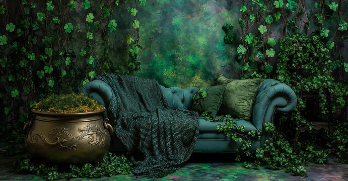 Enchanting forest scene featuring a vintage sofa and glowing magical elements