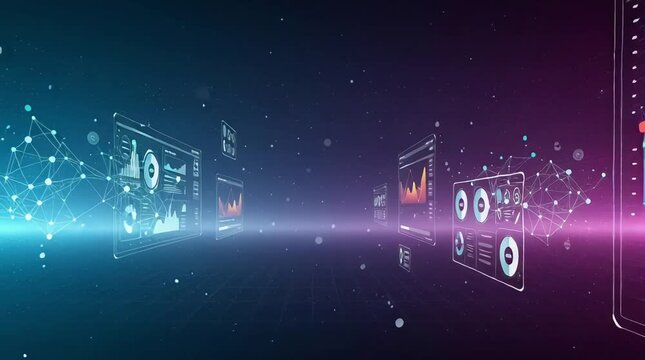 Futuristic data visualization on multiple screens in virtual space