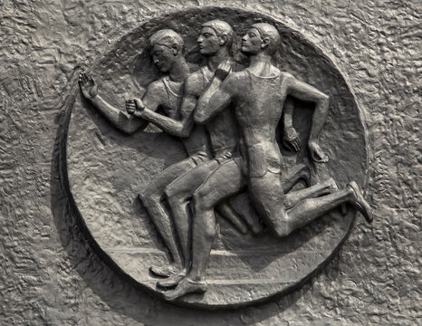Saint-Petersburg, Russia - June 1, 2018: Sculptural composition of running athletes