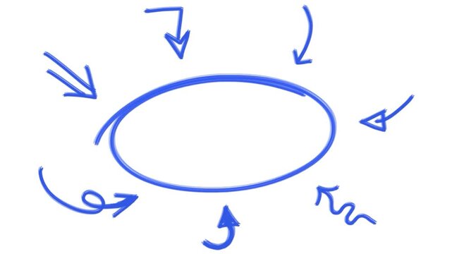 Blue hand drawn oval frame with multiple pointing arrows on transparent background for highlighting central text and business presentation design elements