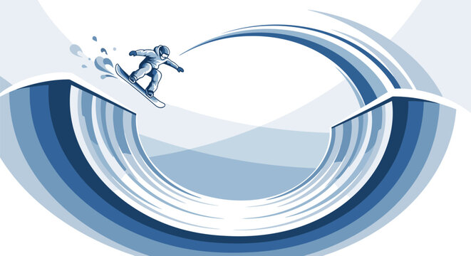 Snowboarder performing jump in blue halfpipe winter sport illustration