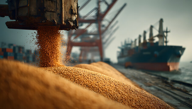 Loader pours soybeans into pile for ship loading. Bulk grain cargo transfer at port terminal with freighter. Agricultural product export logistics at harbor.