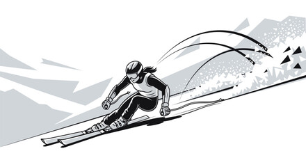 Downhill skier in motion on snowy mountain slope illustration © Gimhana