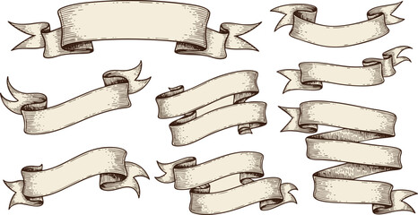 Obraz premium Set of 9 Hand-Drawn Vintage Paper Banners and Ribbons Vector Illustration