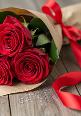 Vibrant Red Roses Bouquet Rustic Wood Water Droplets