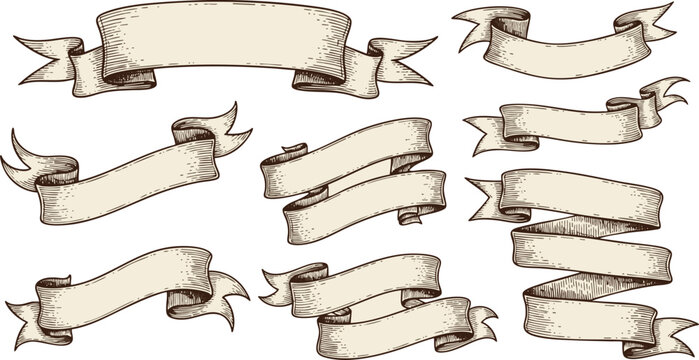 Set of 9 Hand-Drawn Vintage Paper Banners and Ribbons Vector Illustration