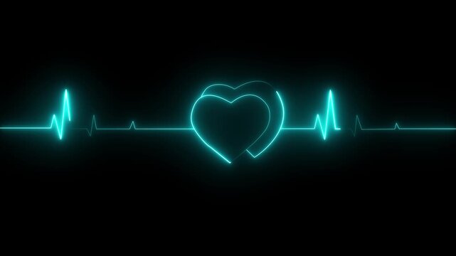 heartbeat   animation with heart icon on black background,Neon heart ekg animation. heart beat icon motion. Heart Rhythm and EKG Icon 4k video footage.