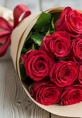 Velvet Red Roses Bouquet Wrapped in Kraft Paper Gift Love