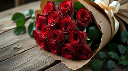 Velvet Red Roses Bouquet Rustic Wood Table Still Life