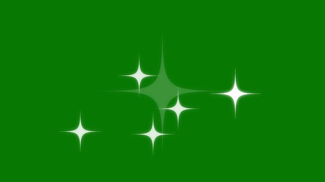 Twinkling stars animation, white glowing glitter sparkle stars, magic fairy dust trail, shiny starburst light, festive sparkle effect, green screen background, 4k looping particle overlay
