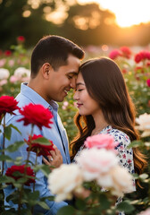 Tender Backlit Romance Engagement in Vibrant Rose Garden