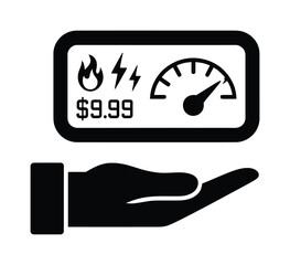 Fototapeta premium Vector icon for gas price with hand holding a fuel gauge