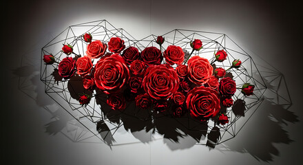 Scarlet Blooms Inside a Dark Minimalist Polyhedral Cage