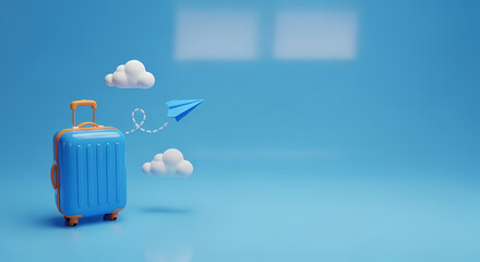 青いスーツケースと紙飛行機で表現された旅行への憧れ