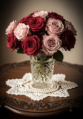 Romantic Roses Crystal Vase Pearl Necklace Dark Wood