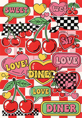 Retro Pop Art Cherries Love Diner Sticker Design