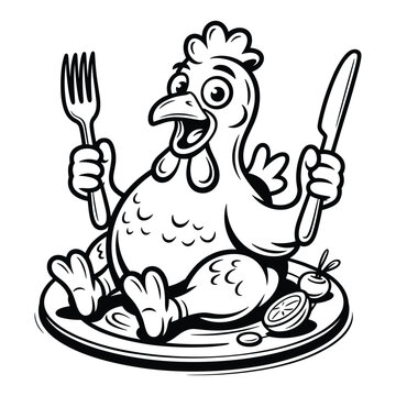 Cartoon chicken character sitting on a plate holding a fork and knife ready to eat