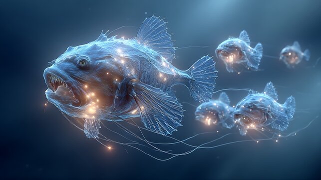 Glowing anglerfish lights in dark ocean images illustration