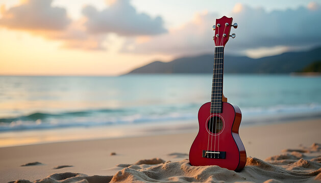 Red ukulele rests on sandy beach with ocean waves and sunset sky in background