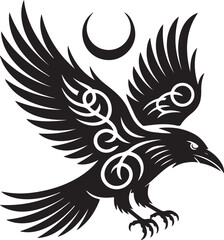 Obraz premium Black and white stylized bird with outstretched wings and a crescent moon above its head