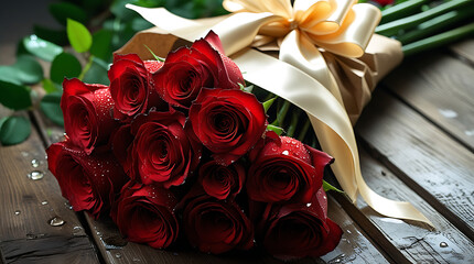 Passionate Valentine Roses Lying on Dark Timber Planks