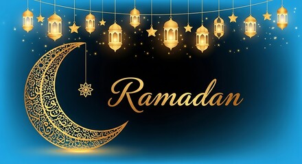 Elegant golden crescent moon and hanging lanterns adorn a dark blue background celebrating the sacred month of Ramadan Kareem wishes