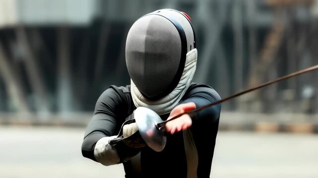 Woman fencer in protective gear performs a lunge and a defensive parry during competitive sport practice for skill development.