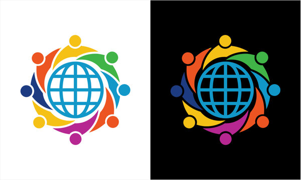 Global community network logo with diverse people surrounding a globe.