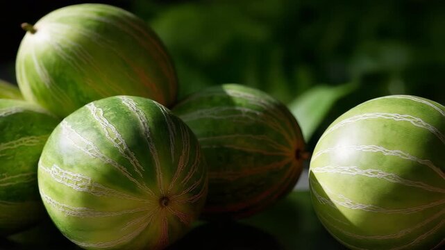 Fresh green melons displayed on table with dark leafy background