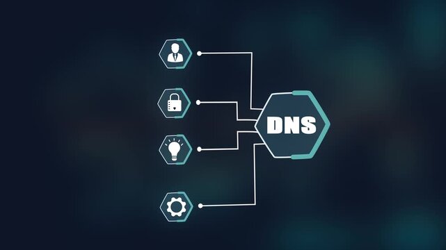 Domain name system DNS concept with digital icons, global server networking technology and web address, secure data management and online.