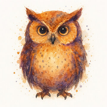 Adorable baby owl watercolor illustration with vibrant orange and brown paint splashes