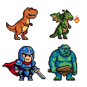 Pixel RPG Characters Set with Dinosaur Dragon Hero and Ogre